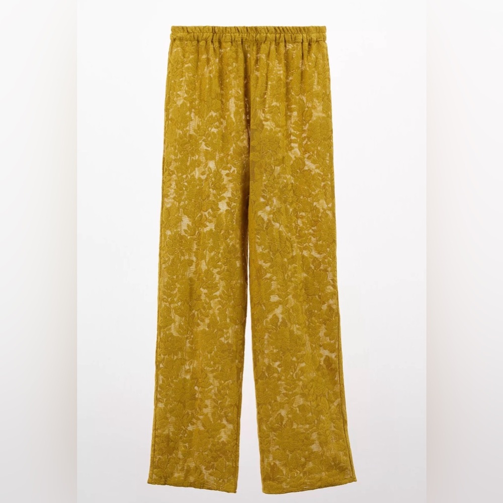 Zara Mustard Yellow Floral Lace Wide-Leg Pants